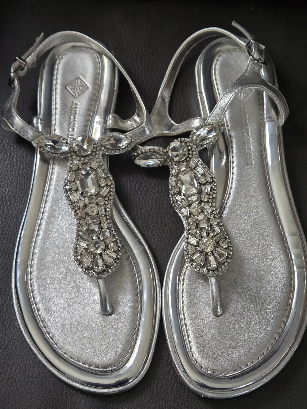 ANTONIO MELANI Silver Jeweled T-Strap Sandals